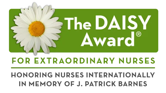 The DAISY Award logo features a daisy flower and text reading: The DAISY Award for Extraordinary Nurses. Honoring nurses internationally in memory of J. Patrick Barnes.