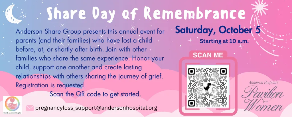 A pastel flyer for Share Day of Remembrance on Saturday, October 5 at 10 a.m., for families grieving lost children. Includes clouds, stars, QR code, contact info, and Anderson Hospital’s Pavilion for Women logo.