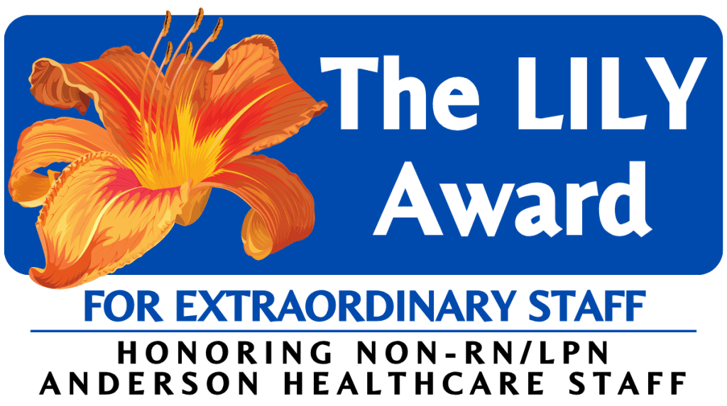 A bright orange lily flower beside the text The LILY Award for Extraordinary Staff, with a note below: Honoring Non-RN/LPN Anderson Healthcare Staff, on a blue and white background.