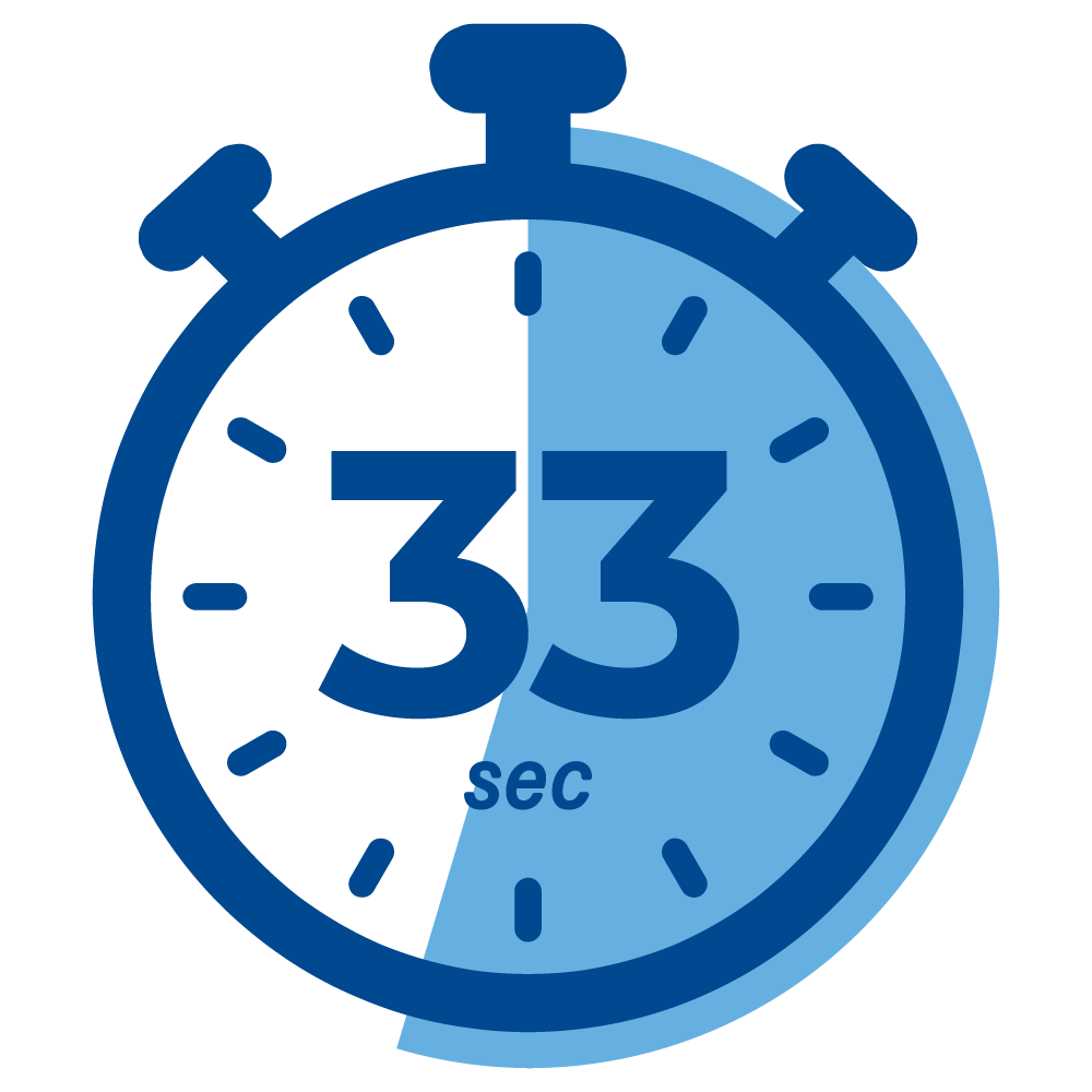 A blue stopwatch icon displays 33 sec in the center, with half of the clock face shaded light blue, representing 33 seconds elapsed.