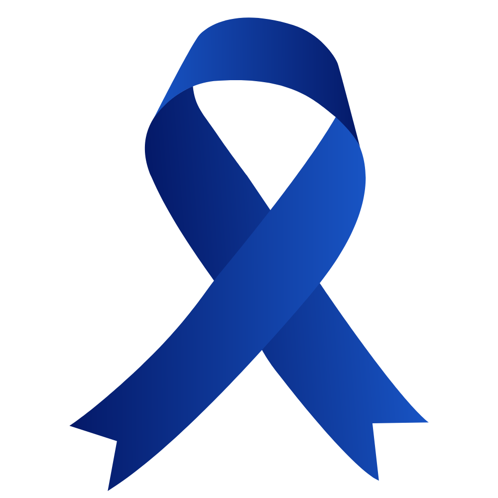 A blue awareness ribbon in a looped shape, symbolizing support or awareness for various causes such as colorectal cancer, child abuse prevention, or anti-bullying campaigns, on a plain white background.