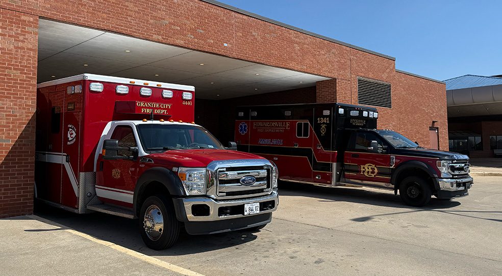Two ambulances parked outside of Anderson Hospital