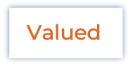 The word Valued is centered in orange text on a white rectangular background with a faint gray shadow.