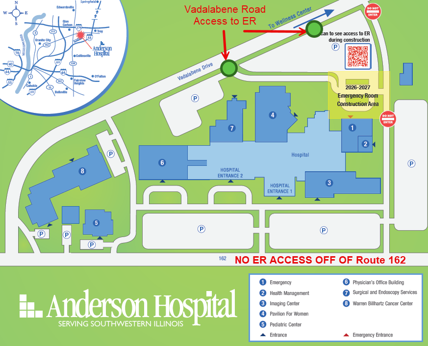 Map of Anderson Hospital showing ER access only from Vadalabene Drive, with no ER access from Route 162. Hospital entrances, parking, and construction area near emergency room are highlighted.