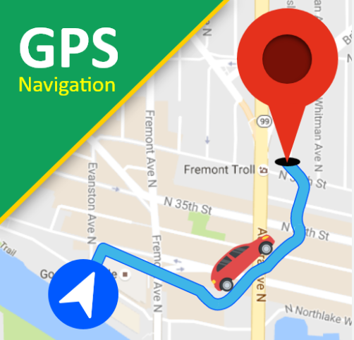A digital map showing a GPS navigation route with a blue starting point icon, a red car on the route, and a red location pin as the destination. The text GPS Navigation appears in the top left corner.