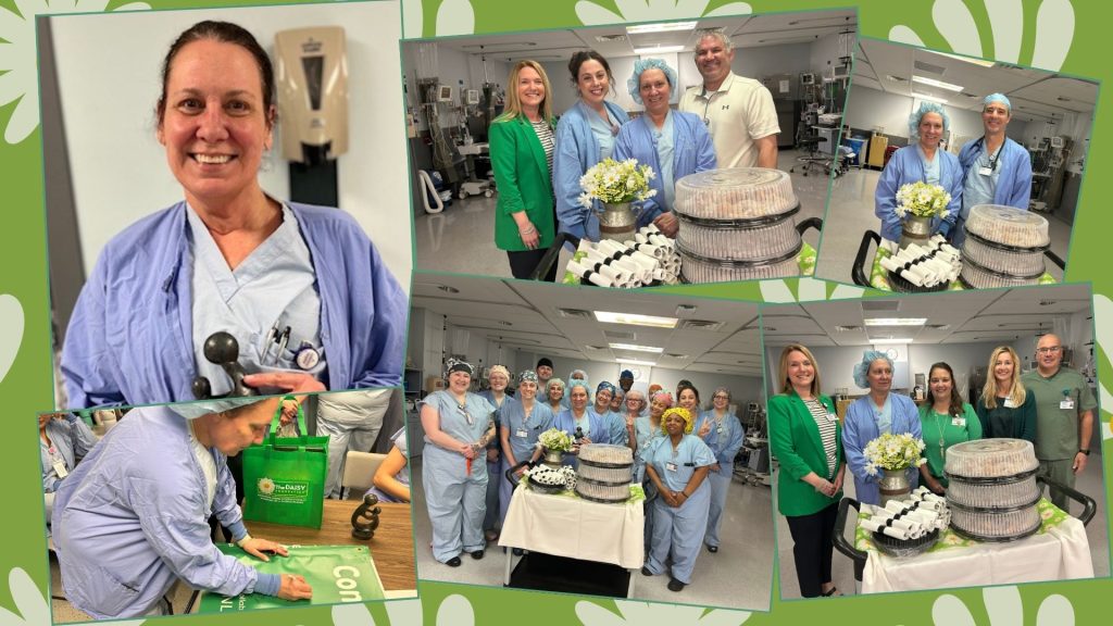 A collage shows a smiling woman in scrubs, hospital staff grouped around a table with cakes and flowers, and candid moments from a celebration in a hospital setting on a green floral background.