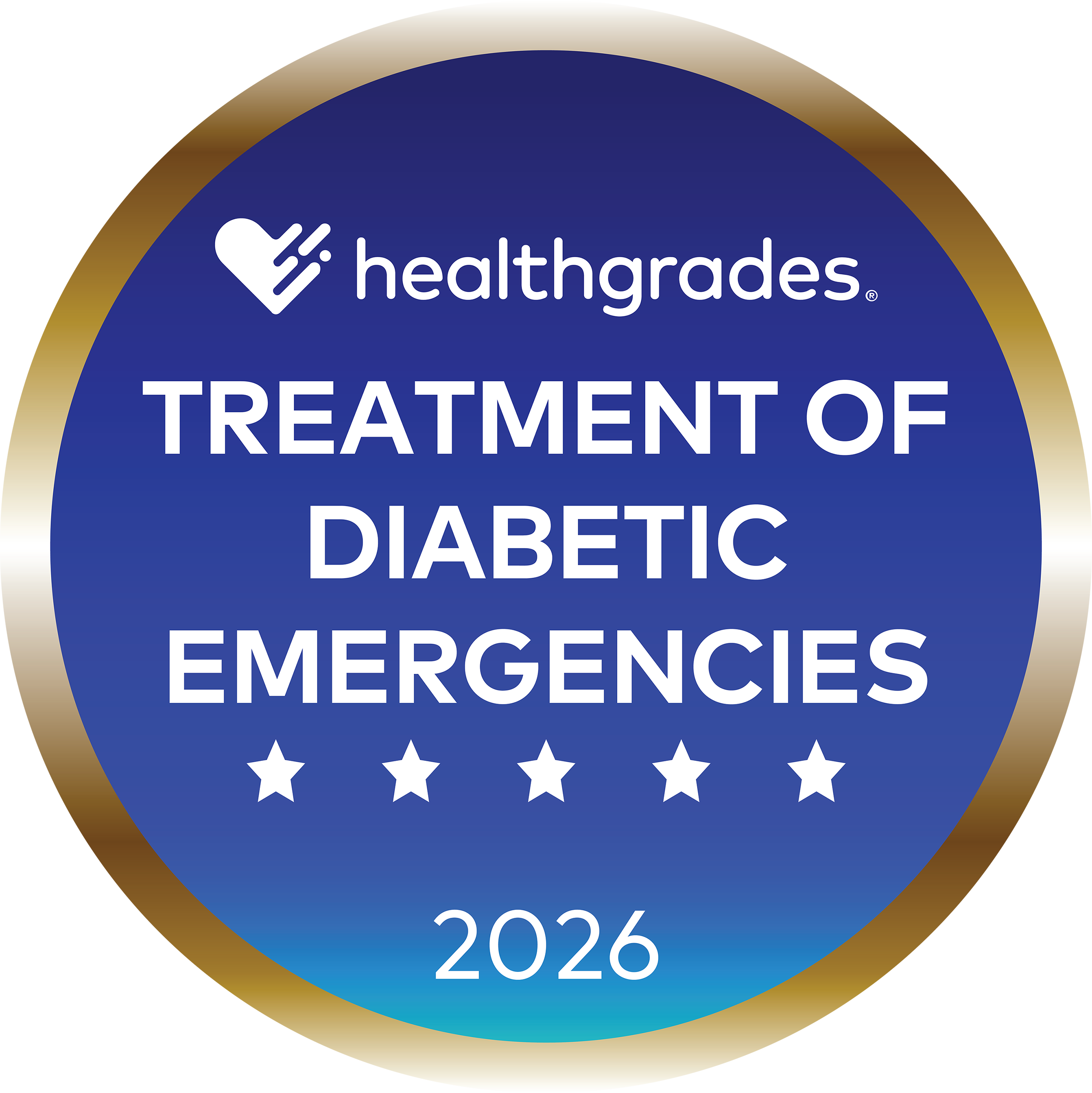 A round blue and gold badge displaying the Healthgrades logo and text: Treatment of Diabetic Emergencies, with five stars underneath and 2026 at the bottom.