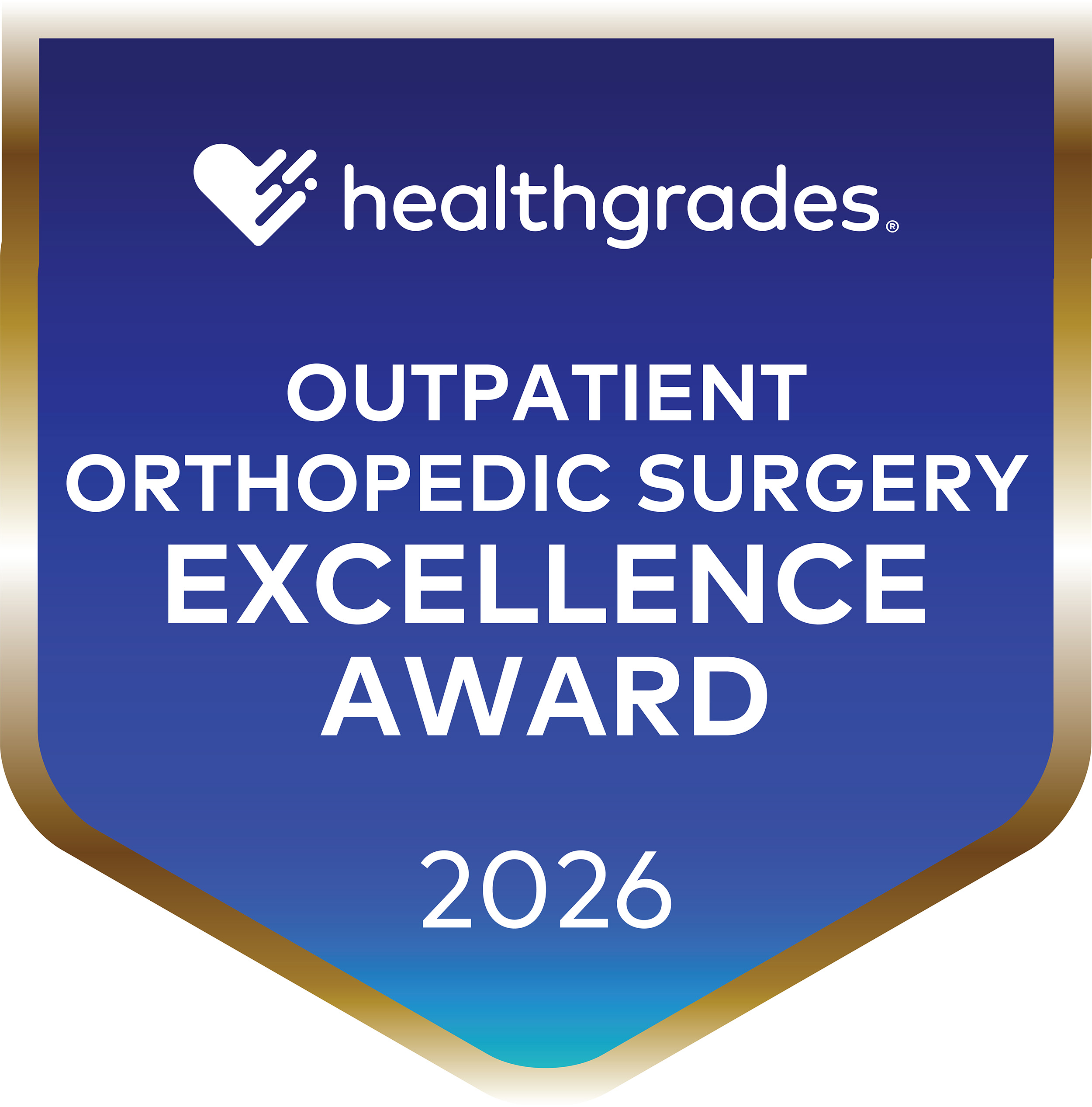 A blue and gold badge displaying the Healthgrades logo and text: OUTPATIENT ORTHOPEDIC SURGERY EXCELLENCE AWARD 2026.