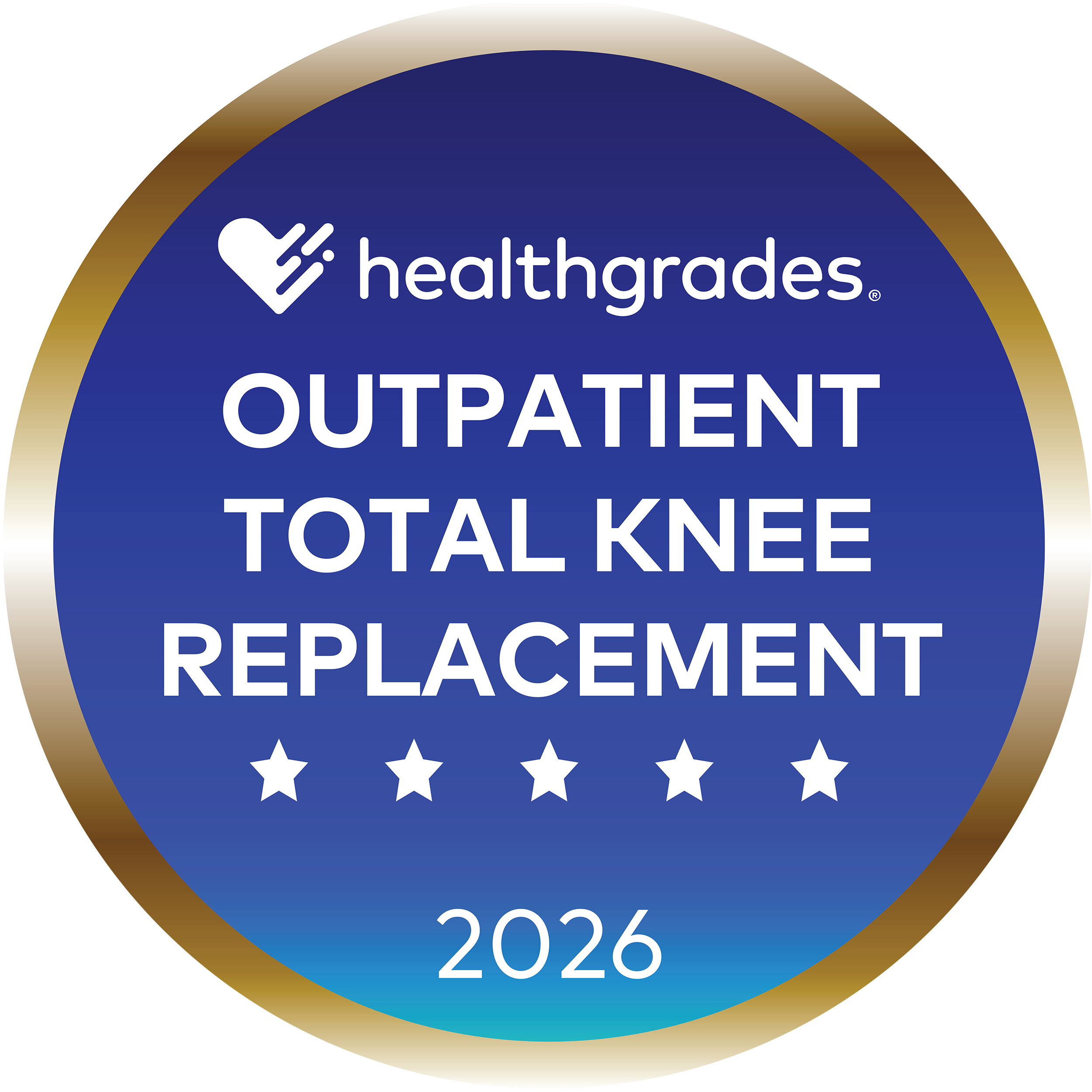 A round blue and gold badge with a heart icon and the words “healthgrades OUTPATIENT TOTAL KNEE REPLACEMENT 2026” above five white stars.