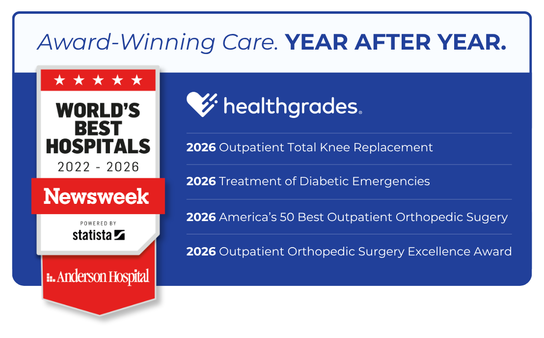 Anderson Hospital banner with Newsweek Worlds Best Hospitals 2022-2026 badge and Healthgrades awards, highlighting recognition for orthopedic surgery and diabetic emergencies in 2026.