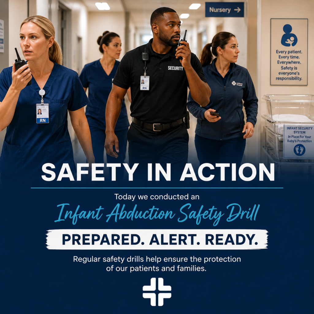 Three hospital staff, including a security officer and two nurses, walk urgently through a hallway during an infant abduction safety drill. Sign reminds staff of their responsibility for every patient’s safety. Text: “Prepared. Alert. Ready.”.