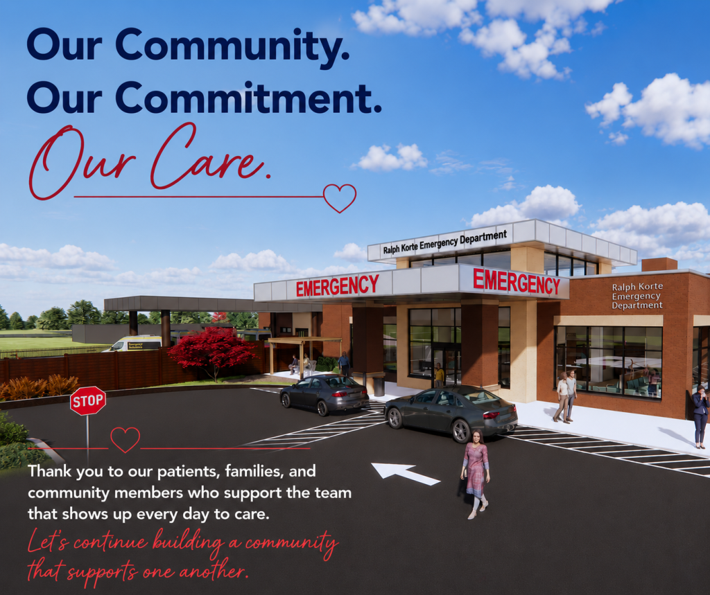A hospital emergency department entrance with parked cars and people walking outside. The text reads: Our Community. Our Commitment. Our Care. and thanks patients, families, and community members for their support.