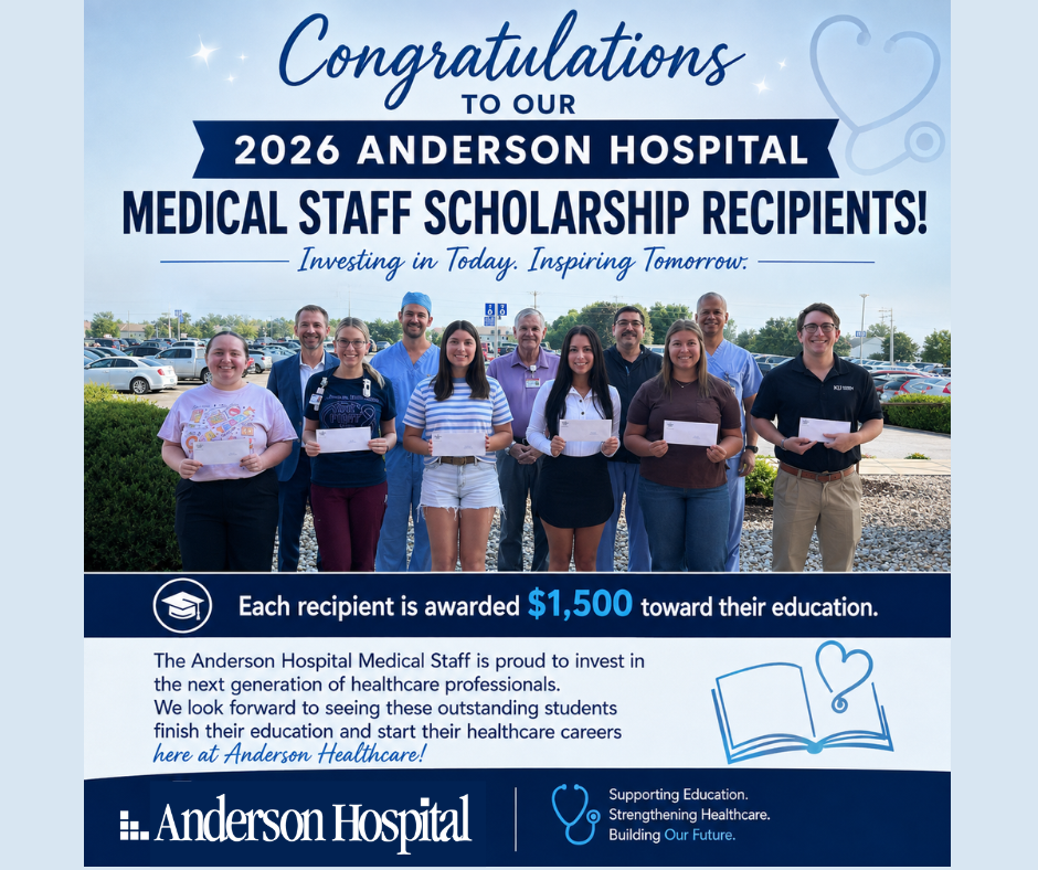 A group of ten smiling students holding certificates stands outdoors, celebrating their 2026 Anderson Hospital Medical Staff Scholarships. A banner highlights the $1,500 award and Anderson Hospitals support for future healthcare professionals.